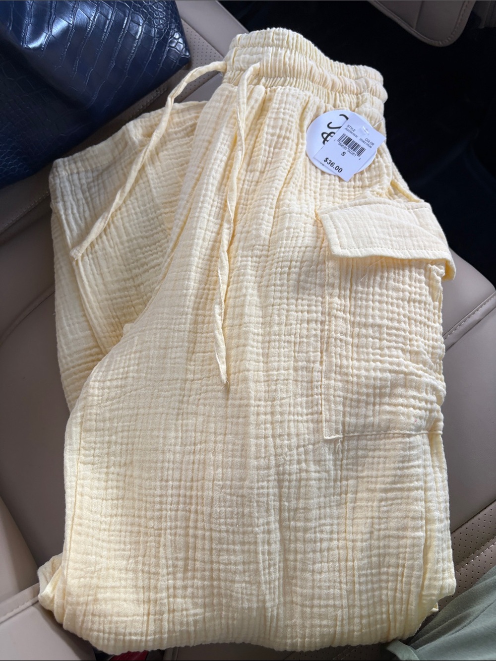 NWT!! Wide-Leg Drawstring Cargo Pants in Pale Yellow - Picture 3 of 3